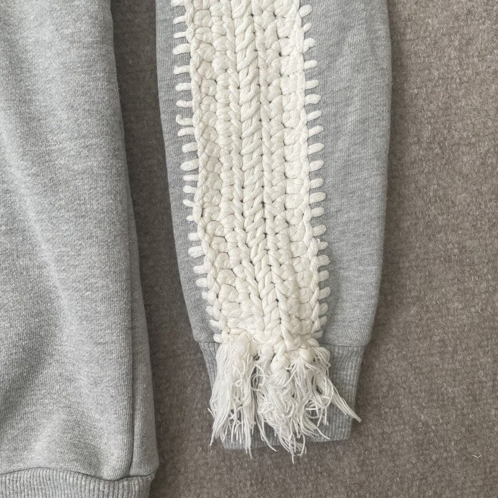 Pepin Sweatshirt Womens Small Grey White Crochet Sleeves Casual Boho Fringe - Picture 2 of 7